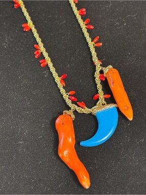 NWT FERN FINDS Gold Tone Peppers Coral Turquoise Talisman Long Drop Necklace 34"